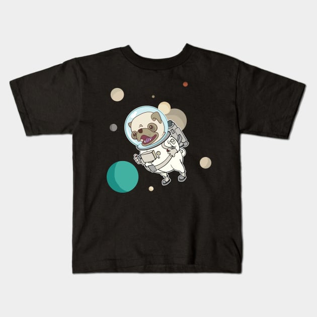 Pug Astronaut With a Jet Pack Kids T-Shirt by Huhnerdieb Apparel